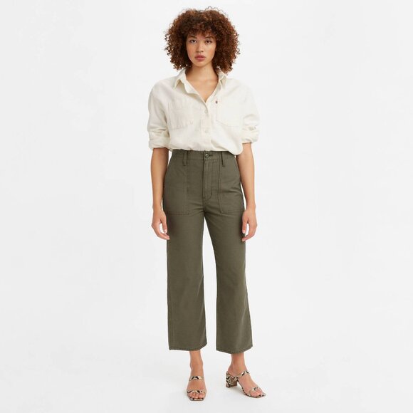 Levis Pants Womens 31 Khaki Green Ribcage Straight Utility Wide-Leg High Rise - Picture 1 of 15